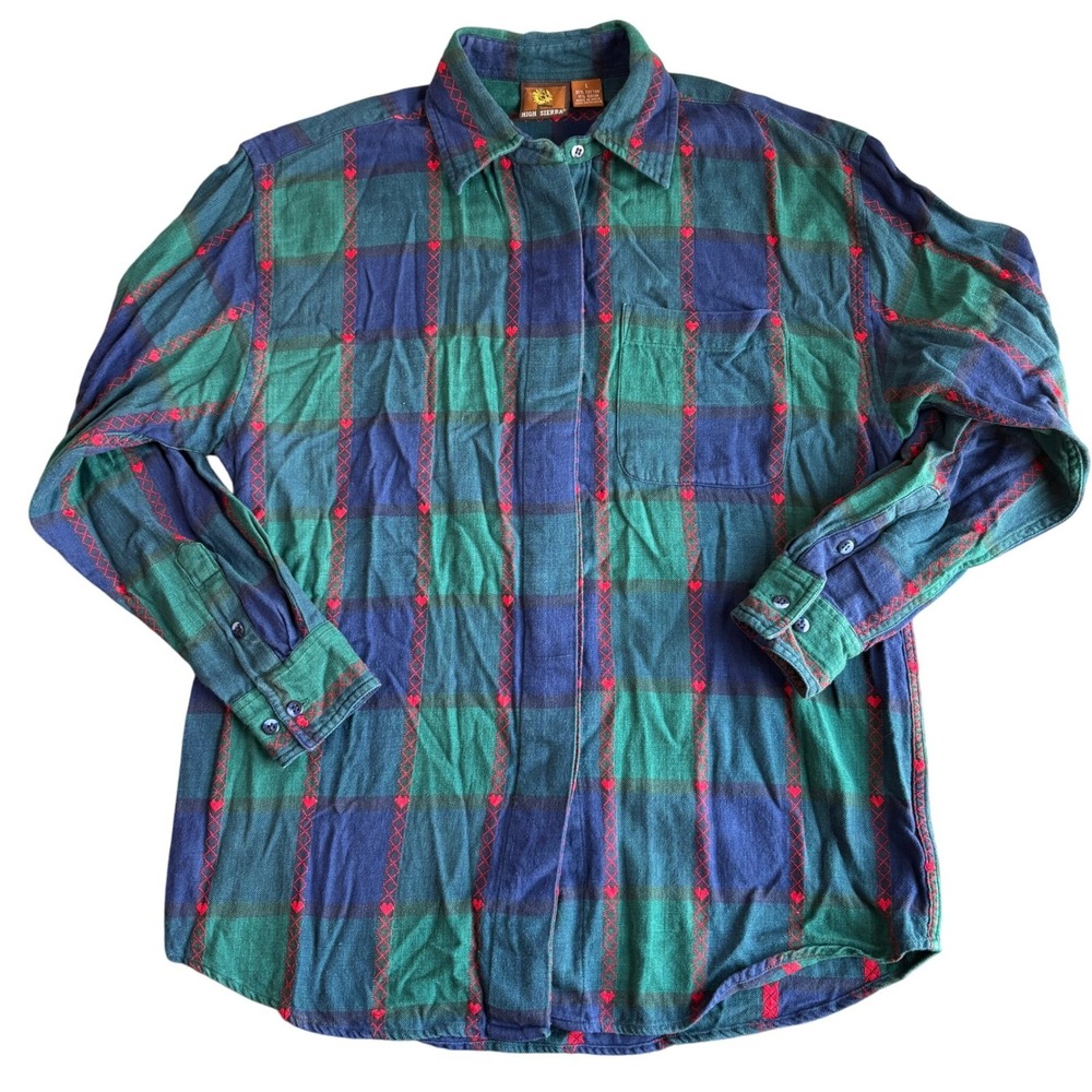 VTG High Sierra Flannel Shirt Womens L Green Blue Plaid Heart Print Long Sleeve